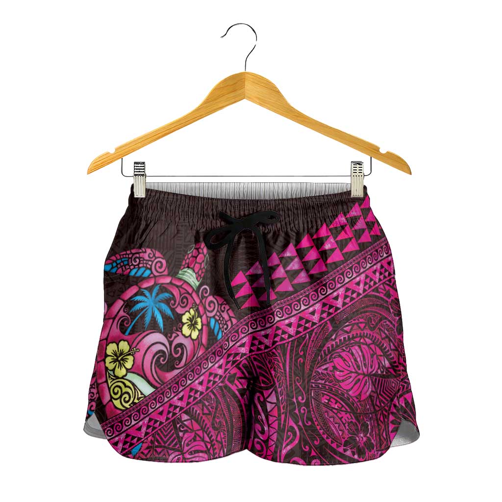 Hawaiian Abstract Sea Turtle Shorts for Women Polynesian Tapa Art and Kakau Tattoo Pink WaterColor LT03 - Polynesian Pride