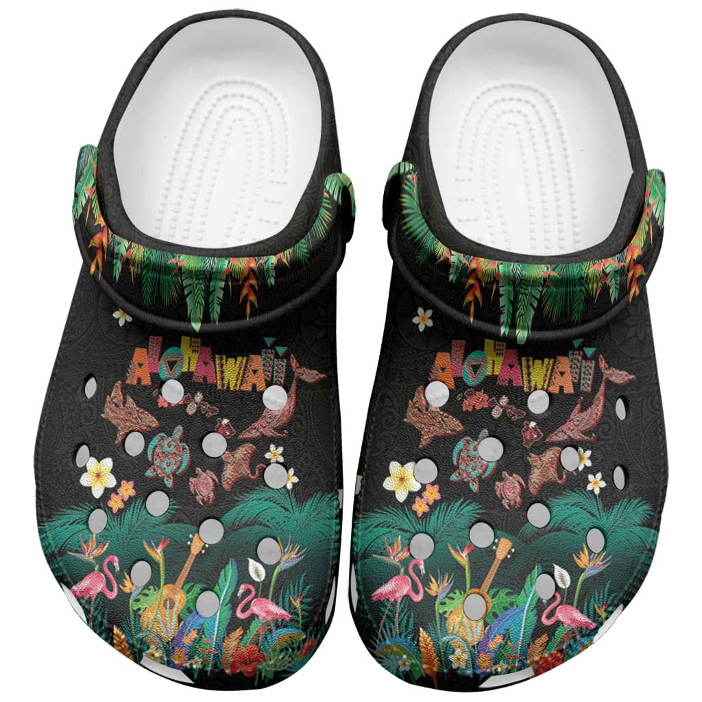Hawaiian Alohawaii Clogs Shoes - Tribal Sea Animals Tattoo and Tropical Plants LT03 Black - Polynesian Pride
