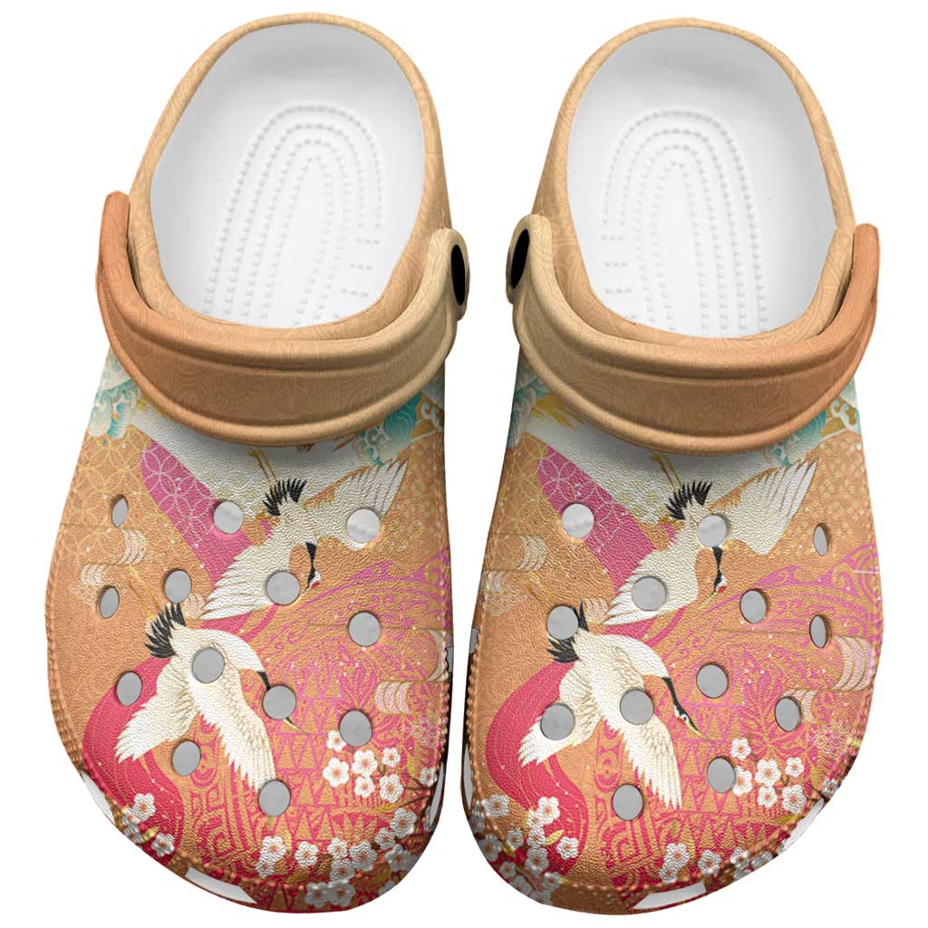 Hawaiian and Japanese Culture Together Clogs Shoes Kakau Art Tattoo with Cranes and Sakura Spring Vibe LT03 Multicolor - Polynesian Pride