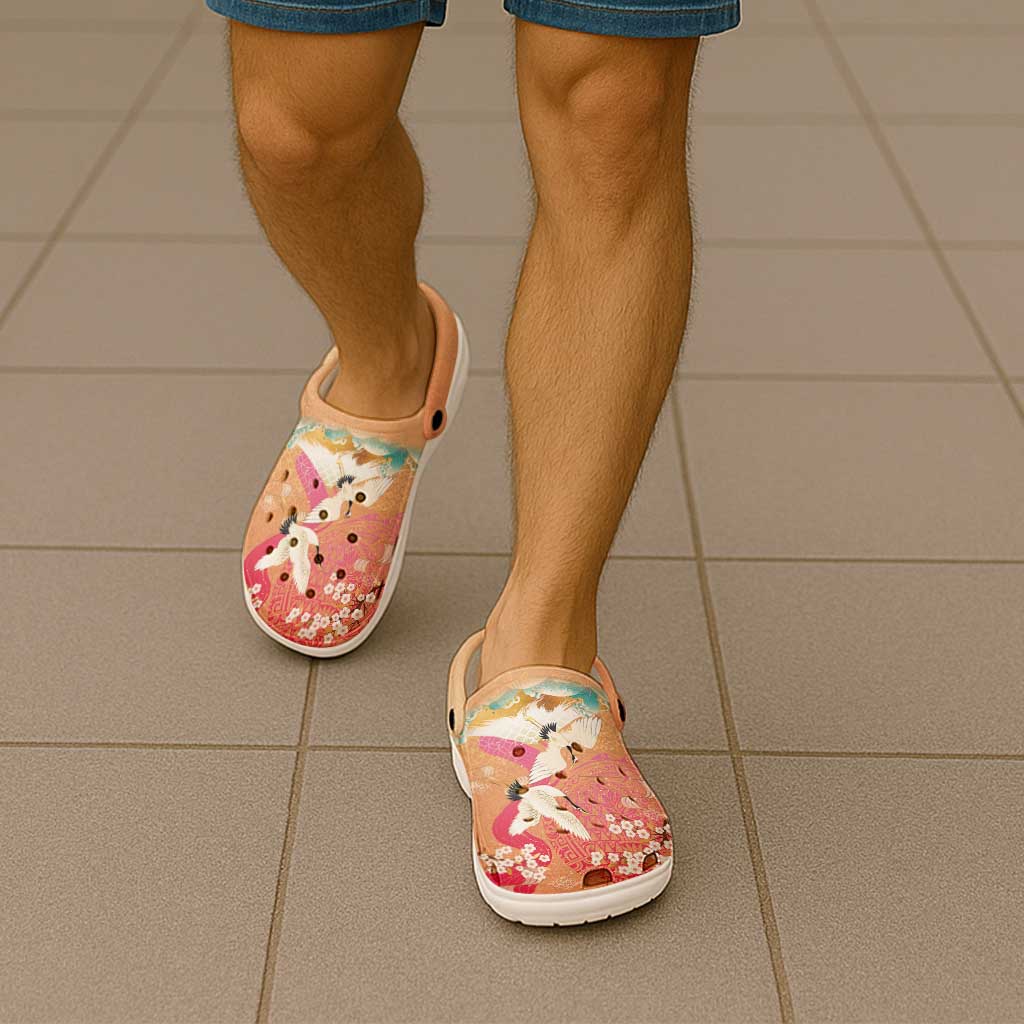 Hawaiian and Japanese Culture Together Clogs Shoes Kakau Art Tattoo with Cranes and Sakura Spring Vibe LT03 - Polynesian Pride