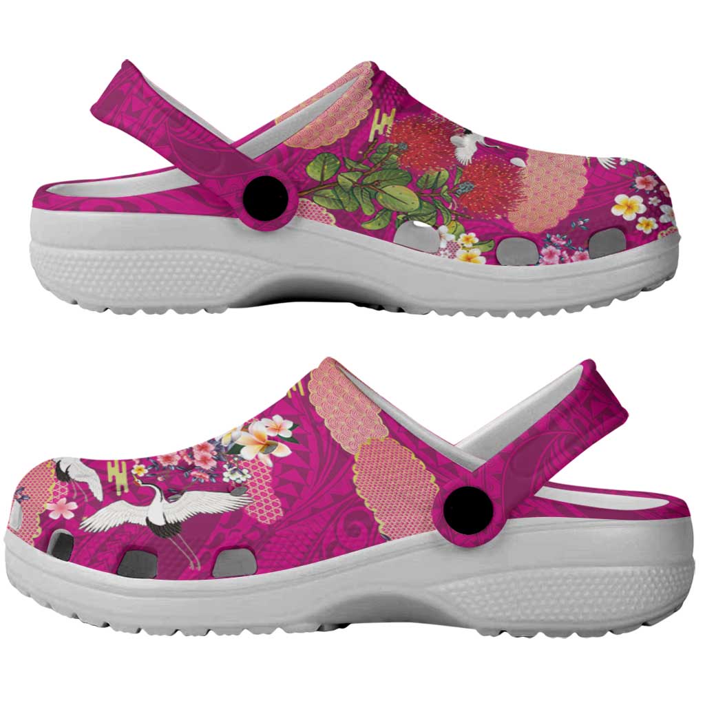 Hawaiian and Japanese Culture Together Clogs Shoes Pink Ohia Lehua Plumeria and Sakura Blooming LT03 - Polynesian Pride