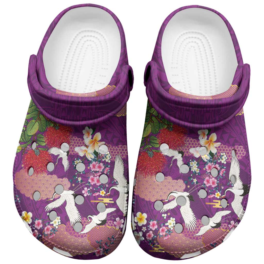 Hawaiian and Japanese Culture Together Clogs Shoes Purple Ohia Lehua Plumeria and Sakura Blooming LT03 Purple - Polynesian Pride