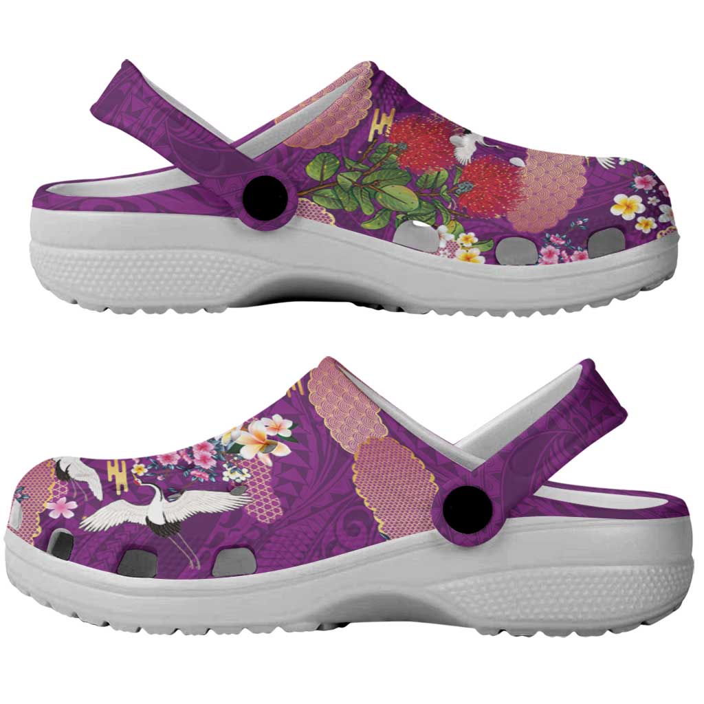 Hawaiian and Japanese Culture Together Clogs Shoes Purple Ohia Lehua Plumeria and Sakura Blooming LT03 - Polynesian Pride