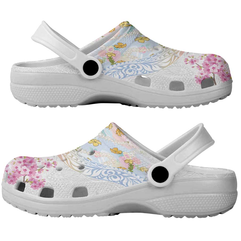 Hawaiian and Japanese Culture Together Clogs Shoes Tribal Motifs with Lei and Japanese Sakura Pattern LT03 - Polynesian Pride