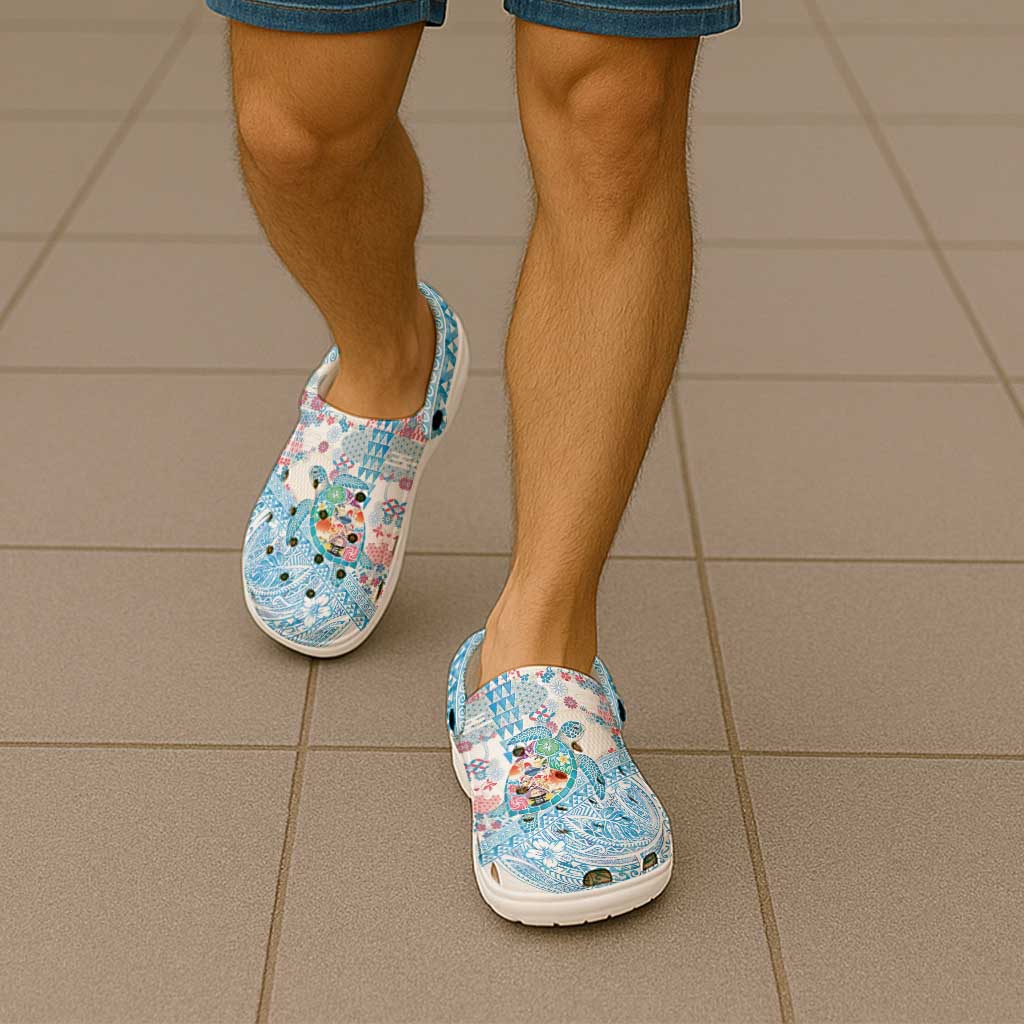 Hawaiian and Japanese Culture Together Clogs Shoes Tropical Honu with Japanese Elements Blue Color LT03