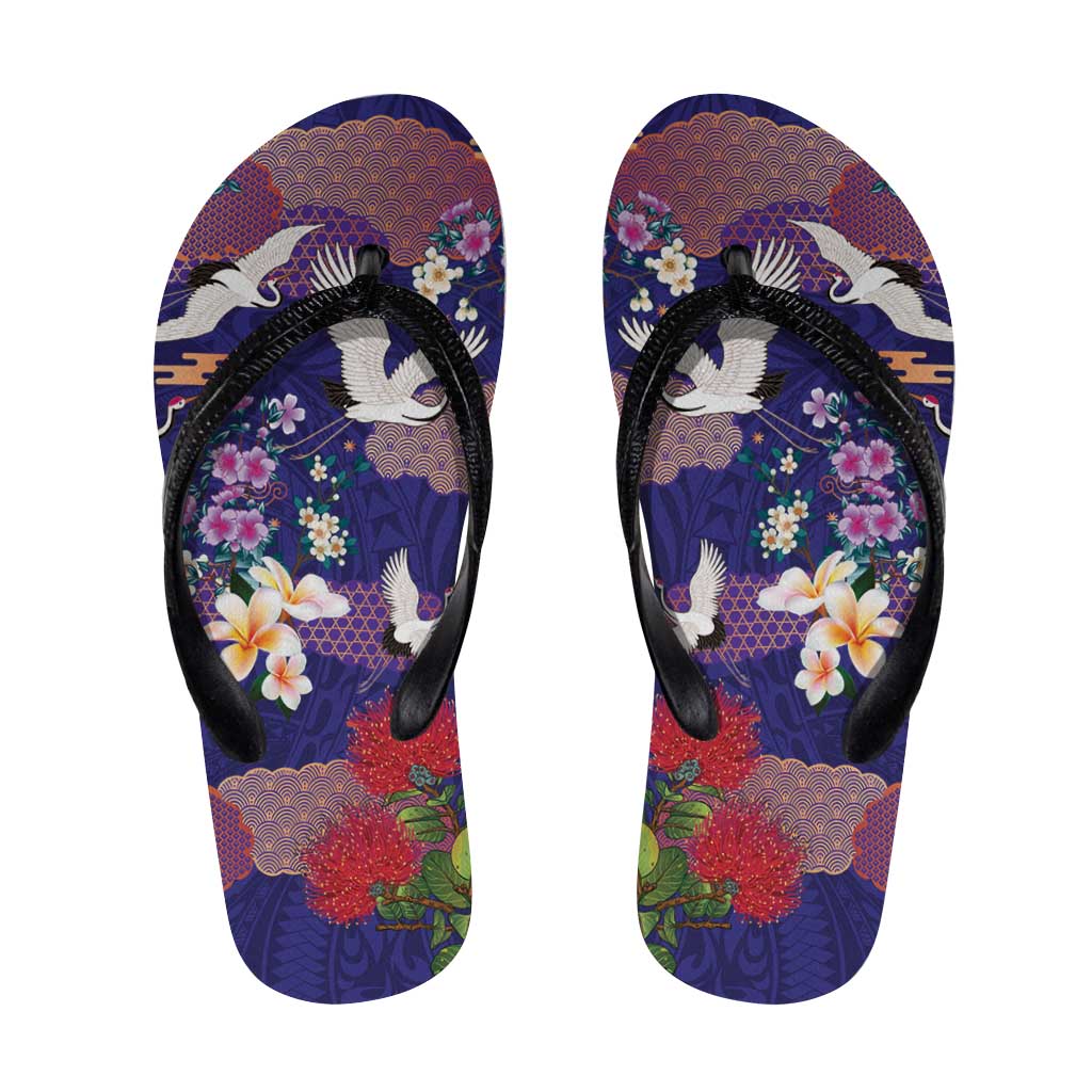Hawaiian and Japanese Culture Together Flip Flops Blue Ohia Lehua Plumeria and Sakura Blooming LT03 Blue - Polynesian Pride