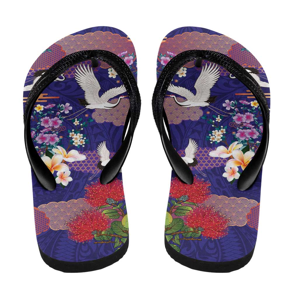 Hawaiian and Japanese Culture Together Flip Flops Blue Ohia Lehua Plumeria and Sakura Blooming LT03 - Polynesian Pride