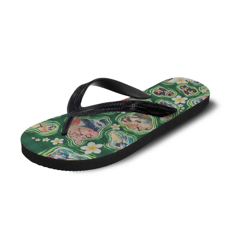 Hawaiian and Japanese Culture Together Flip Flops Hawaiian Island Shapes with Japanese Landscape Green Color LT03 - Polynesian Pride