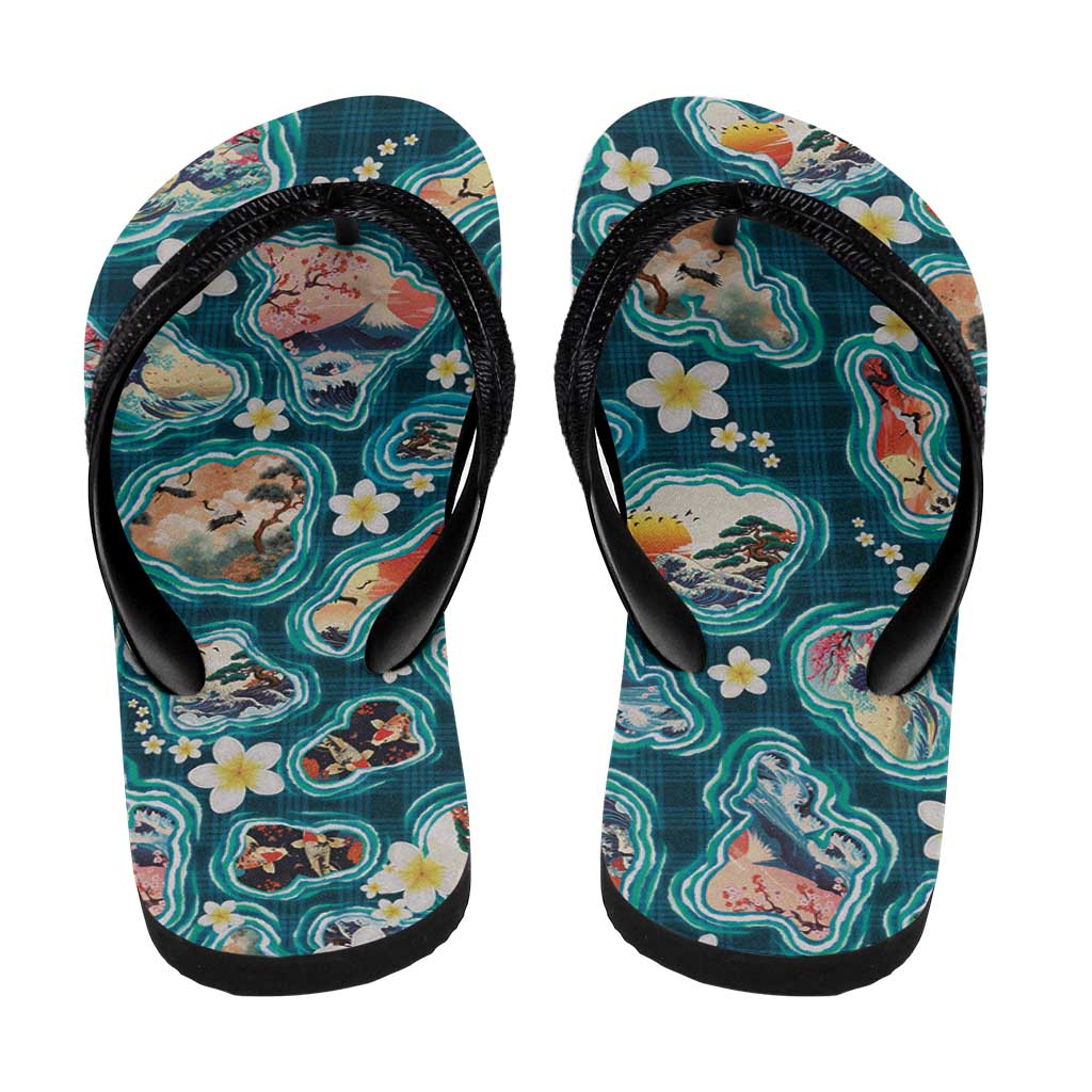 Hawaiian and Japanese Culture Together Flip Flops Hawaiian Island Shapes with Japanese Landscape Teal Color LT03 - Polynesian Pride
