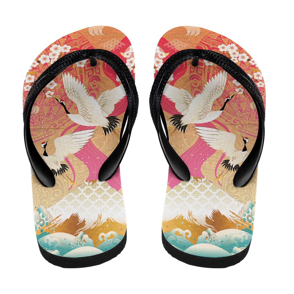 Hawaiian and Japanese Culture Together Flip Flops Kakau Art Tattoo with Cranes and Sakura Spring Vibe LT03 - Polynesian Pride