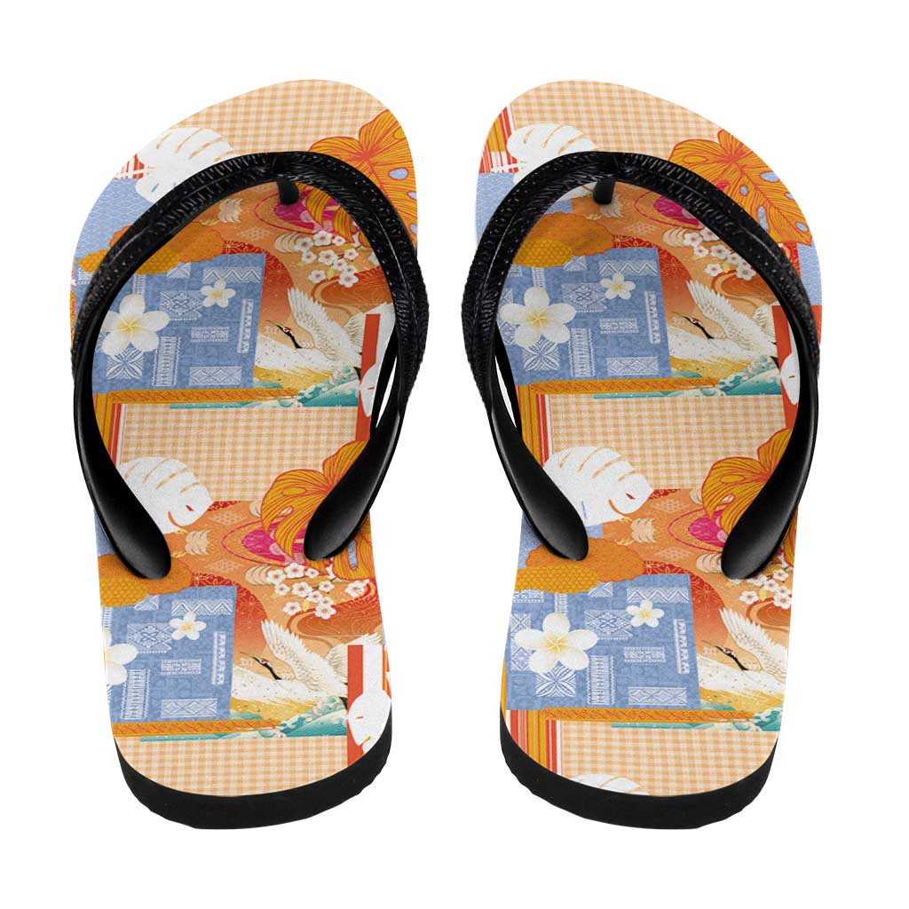 Hawaiian and Japanese Culture Together Flip Flops Palaka Japanese Art and Tropical Motif Tribal Patchwork LT03 - Polynesian Pride