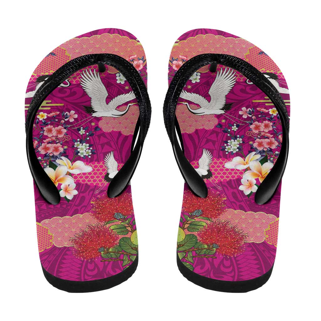 Hawaiian and Japanese Culture Together Flip Flops Pink Ohia Lehua Plumeria and Sakura Blooming LT03 - Polynesian Pride