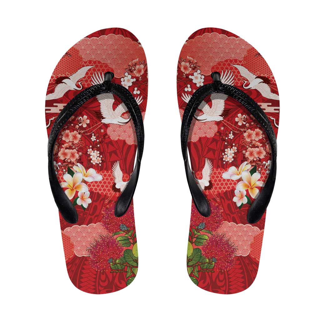 Hawaiian and Japanese Culture Together Flip Flops Red Ohia Lehua Plumeria and Sakura Blooming LT03 Red - Polynesian Pride