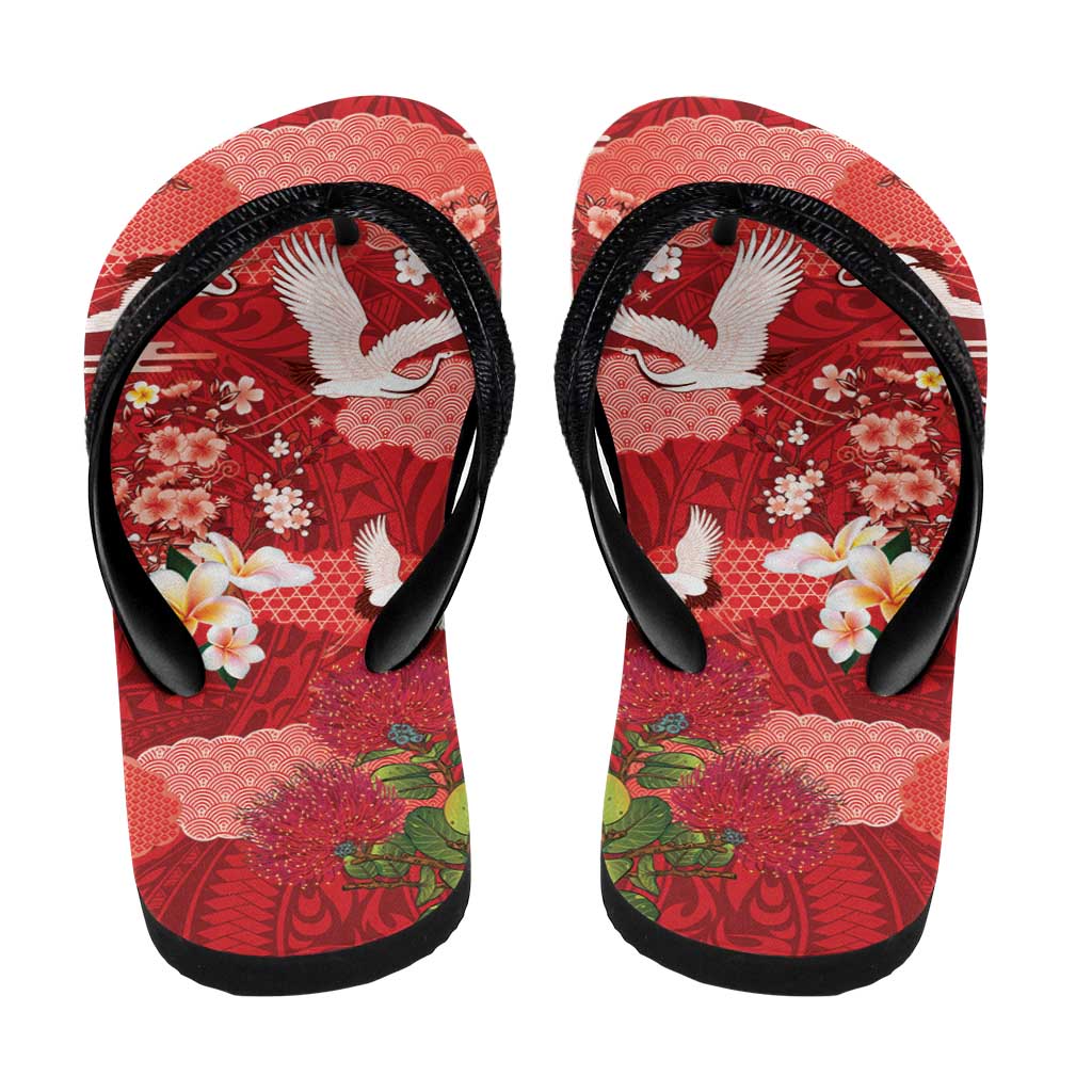 Hawaiian and Japanese Culture Together Flip Flops Red Ohia Lehua Plumeria and Sakura Blooming LT03 - Polynesian Pride