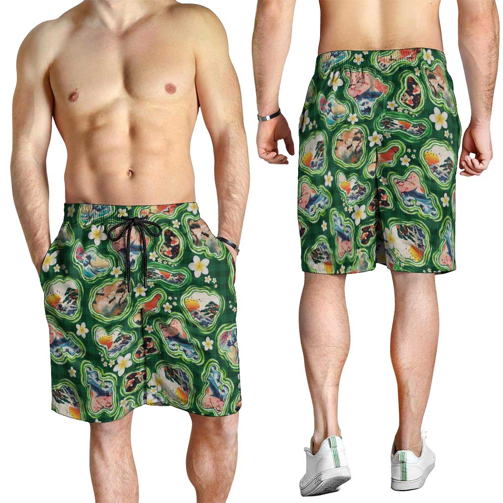 Hawaiian and Japanese Culture Together Shorts for Men Hawaiian Island Shapes with Japanese Landscape Green Color LT03 - Polynesian Pride