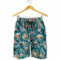 Hawaiian and Japanese Culture Together Shorts for Men Hawaiian Island Shapes with Japanese Landscape Teal Color LT03 - Polynesian Pride