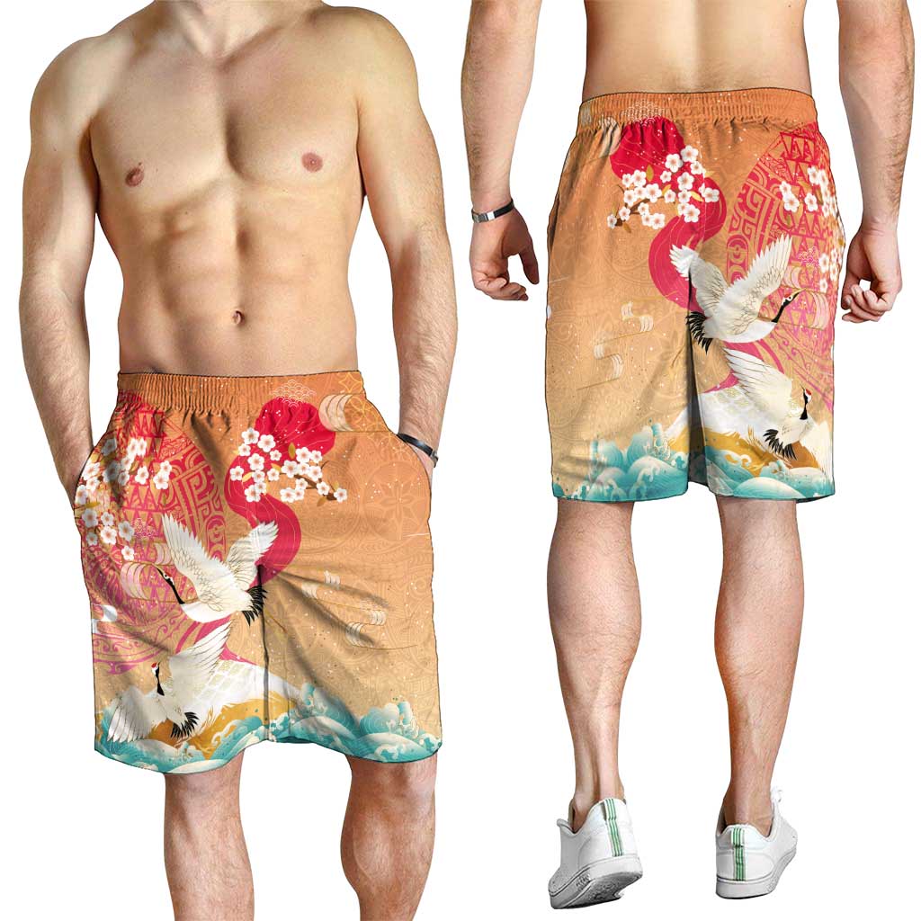 Hawaiian and Japanese Culture Together Shorts for Men Kakau Art Tattoo with Cranes and Sakura Spring Vibe LT03 - Polynesian Pride