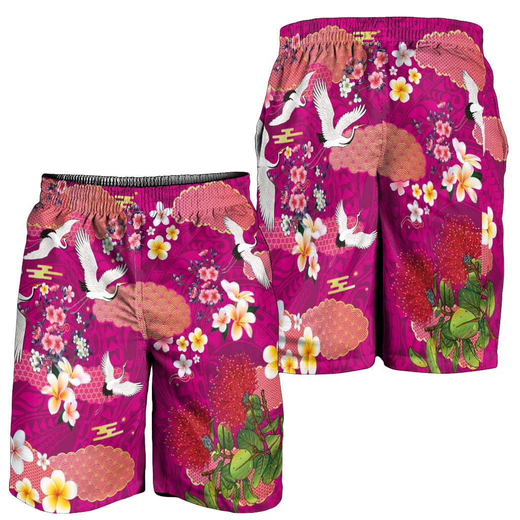 Hawaiian and Japanese Culture Together Shorts for Men Pink Ohia Lehua Plumeria and Sakura Blooming LT03 - Polynesian Pride