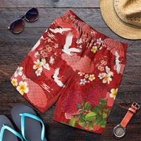 Hawaiian and Japanese Culture Together Shorts for Men Red Ohia Lehua Plumeria and Sakura Blooming LT03 Red - Polynesian Pride