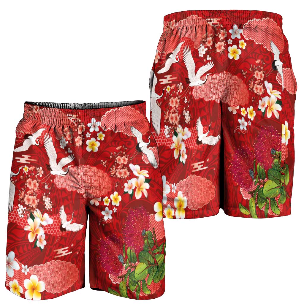 Hawaiian and Japanese Culture Together Shorts for Men Red Ohia Lehua Plumeria and Sakura Blooming LT03 - Polynesian Pride