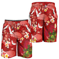 Hawaiian and Japanese Culture Together Shorts for Men Red Ohia Lehua Plumeria and Sakura Blooming LT03 - Polynesian Pride