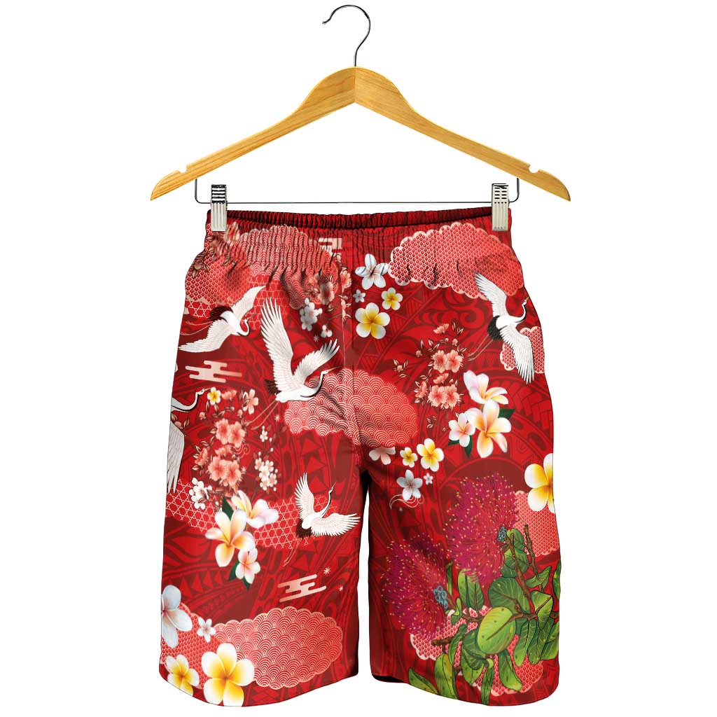 Hawaiian and Japanese Culture Together Shorts for Men Red Ohia Lehua Plumeria and Sakura Blooming LT03 - Polynesian Pride