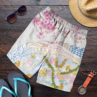Hawaiian and Japanese Culture Together Shorts for Men Tribal Motifs with Lei and Japanese Sakura Pattern LT03 White - Polynesian Pride
