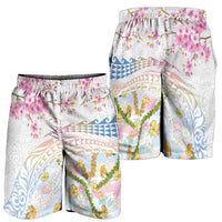 Hawaiian and Japanese Culture Together Shorts for Men Tribal Motifs with Lei and Japanese Sakura Pattern LT03 - Polynesian Pride