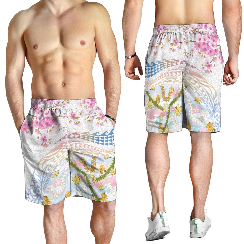 Hawaiian and Japanese Culture Together Shorts for Men Tribal Motifs with Lei and Japanese Sakura Pattern LT03 - Polynesian Pride