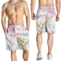 Hawaiian and Japanese Culture Together Shorts for Men Tribal Motifs with Lei and Japanese Sakura Pattern LT03 - Polynesian Pride