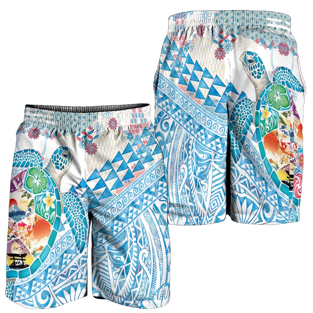 Hawaiian and Japanese Culture Together Shorts for Men Tropical Honu with Japanese Elements Blue Color LT03 - Polynesian Pride