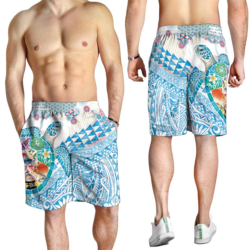 Hawaiian and Japanese Culture Together Shorts for Men Tropical Honu with Japanese Elements Blue Color LT03 - Polynesian Pride