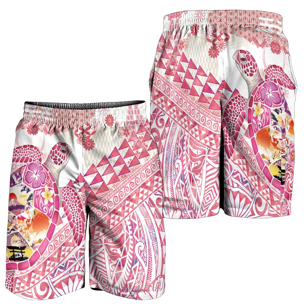 Hawaiian and Japanese Culture Together Shorts for Men Tropical Honu with Japanese Elements Pink Color LT03 - Polynesian Pride