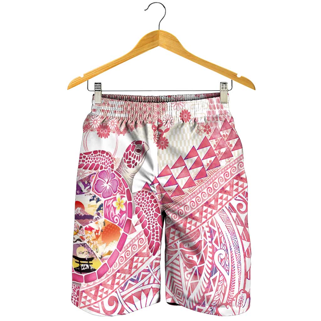 Hawaiian and Japanese Culture Together Shorts for Men Tropical Honu with Japanese Elements Pink Color LT03 - Polynesian Pride