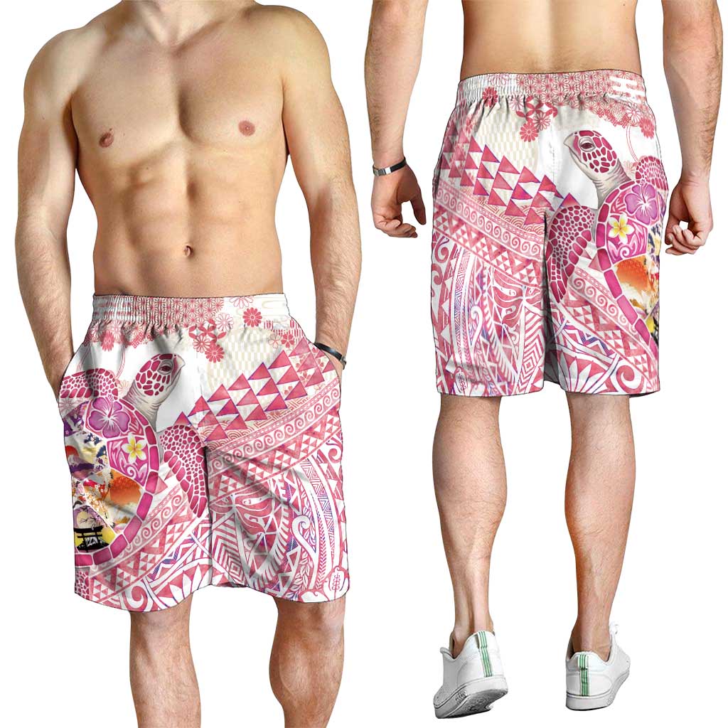 Hawaiian and Japanese Culture Together Shorts for Men Tropical Honu with Japanese Elements Pink Color LT03 - Polynesian Pride