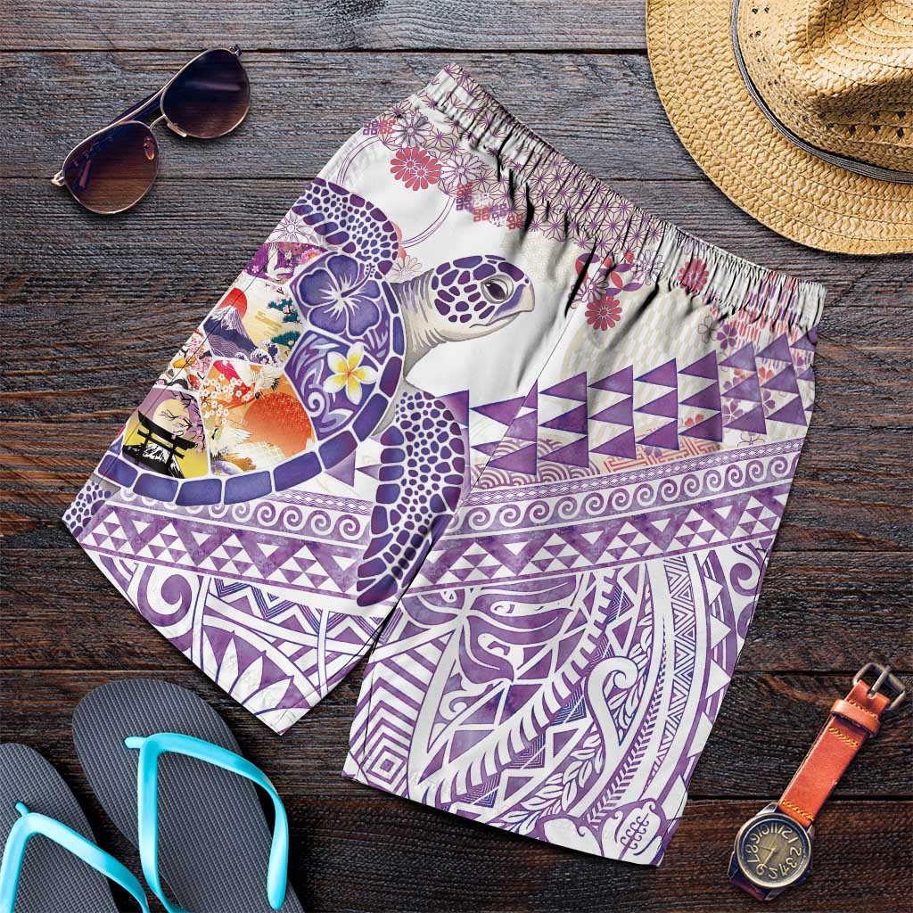 Hawaiian and Japanese Culture Together Shorts for Men Tropical Honu with Japanese Elements Purple Color LT03 Purple - Polynesian Pride