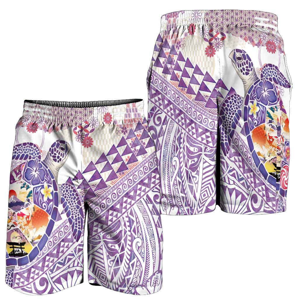 Hawaiian and Japanese Culture Together Shorts for Men Tropical Honu with Japanese Elements Purple Color LT03 - Polynesian Pride