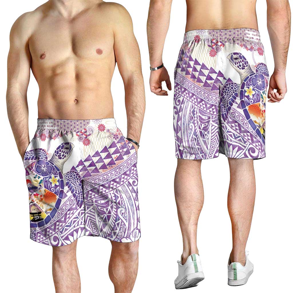 Hawaiian and Japanese Culture Together Shorts for Men Tropical Honu with Japanese Elements Purple Color LT03 - Polynesian Pride
