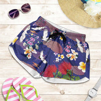 Hawaiian and Japanese Culture Together Shorts for Women Blue Ohia Lehua Plumeria and Sakura Blooming LT03 Blue - Polynesian Pride