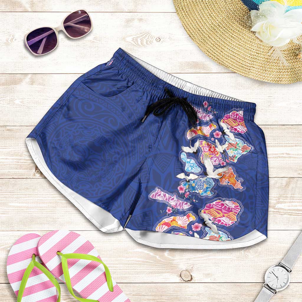 Hawaiian and Japanese Culture Together Shorts for Women Hawaiian Archipelago Shape Sea Animals LT03 Multicolor - Polynesian Pride