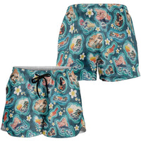 Hawaiian and Japanese Culture Together Shorts for Women Hawaiian Island Shapes with Japanese Landscape Teal Color LT03 - Polynesian Pride