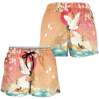 Hawaiian and Japanese Culture Together Shorts for Women Kakau Art Tattoo with Cranes and Sakura Spring Vibe LT03 - Polynesian Pride