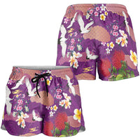 Hawaiian and Japanese Culture Together Shorts for Women Purple Ohia Lehua Plumeria and Sakura Blooming LT03 - Polynesian Pride