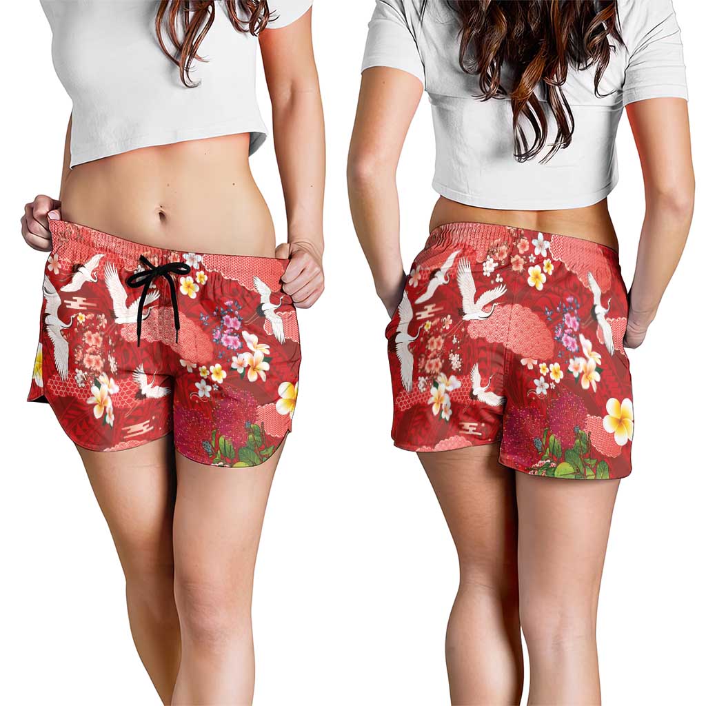 Hawaiian and Japanese Culture Together Shorts for Women Red Ohia Lehua Plumeria and Sakura Blooming LT03 - Polynesian Pride