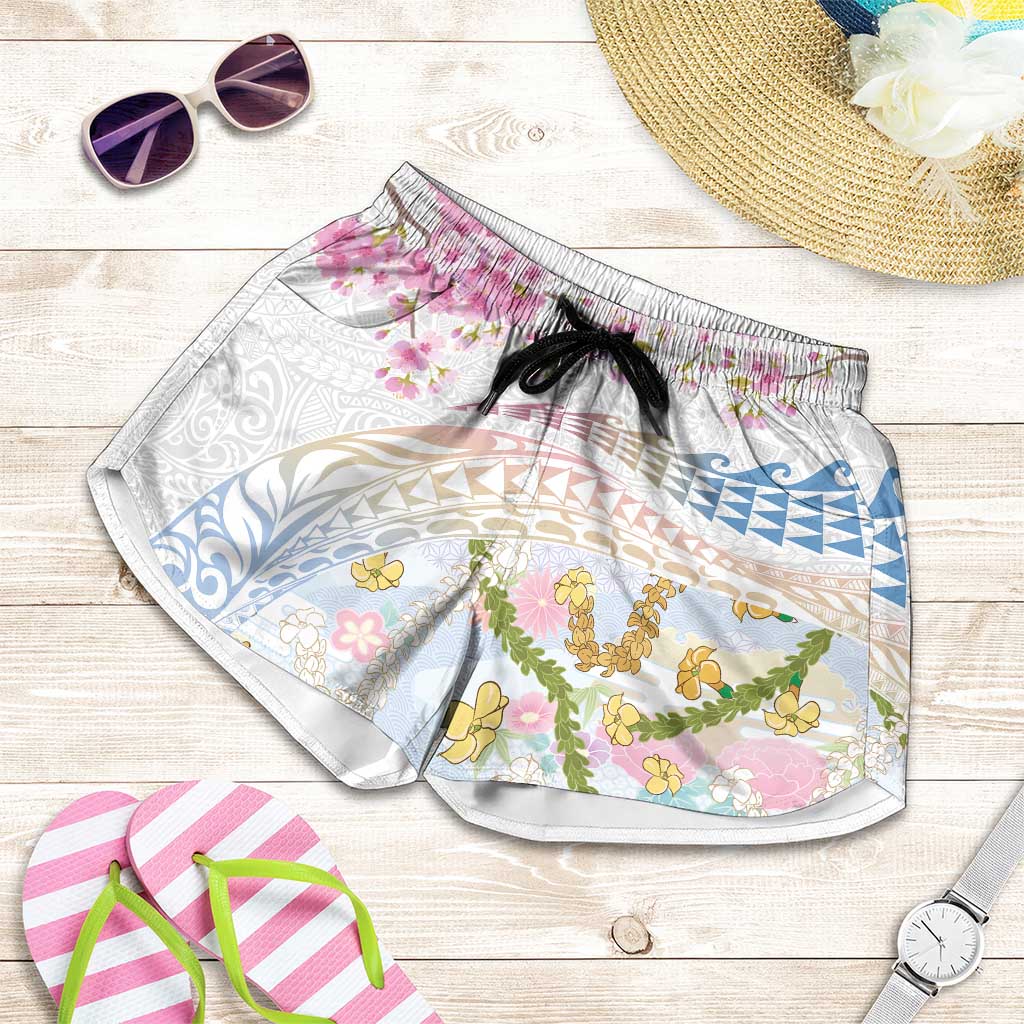 Hawaiian and Japanese Culture Together Shorts for Women Tribal Motifs with Lei and Japanese Sakura Pattern LT03 White - Polynesian Pride