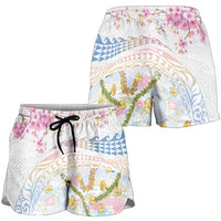 Hawaiian and Japanese Culture Together Shorts for Women Tribal Motifs with Lei and Japanese Sakura Pattern LT03 - Polynesian Pride