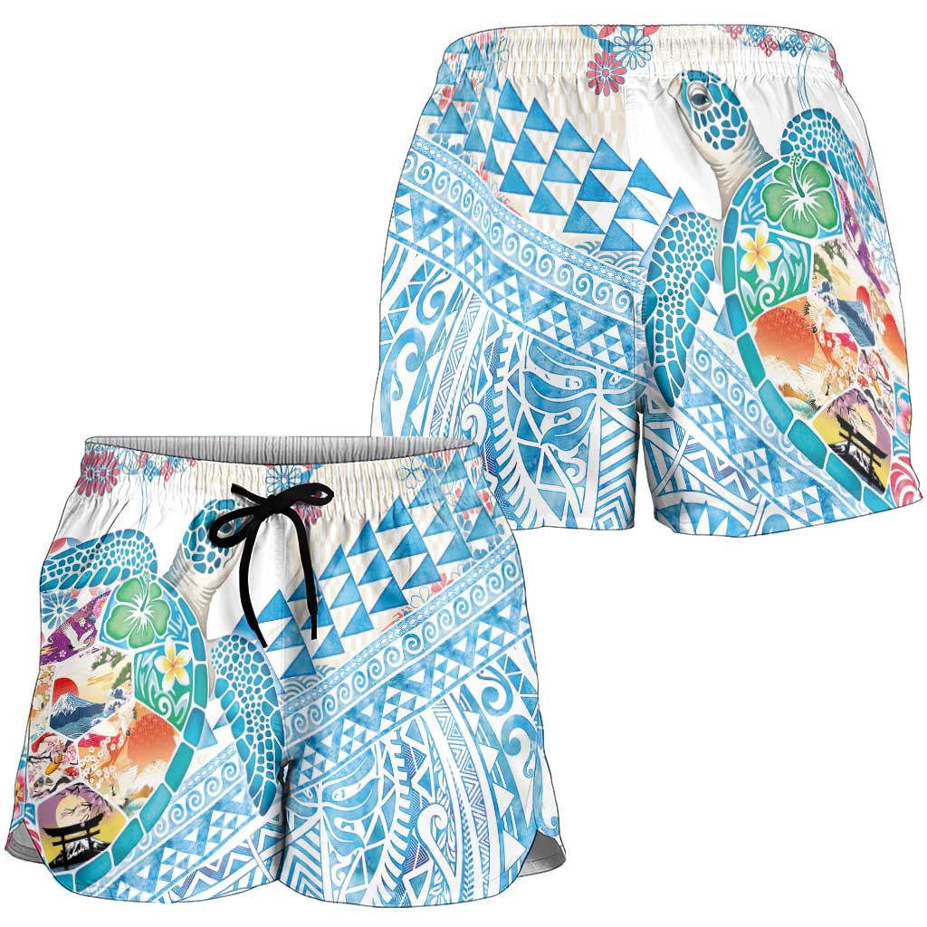 Hawaiian and Japanese Culture Together Shorts for Women Tropical Honu with Japanese Elements Blue Color LT03 - Polynesian Pride