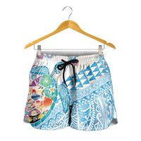 Hawaiian and Japanese Culture Together Shorts for Women Tropical Honu with Japanese Elements Blue Color LT03 - Polynesian Pride