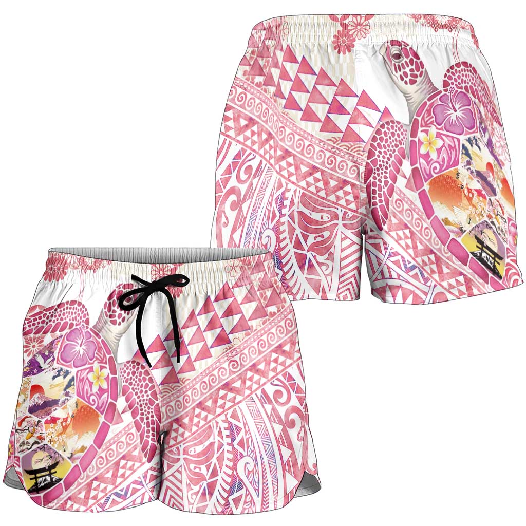 Hawaiian and Japanese Culture Together Shorts for Women Tropical Honu with Japanese Elements Pink Color LT03 - Polynesian Pride