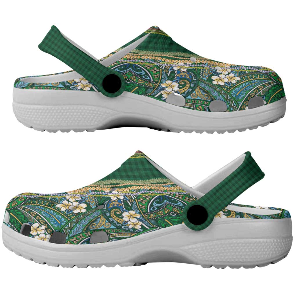 Hawaiian Art Flower Tribal with Lei Clogs Shoes Palaka Pattern Green Color LT03 - Polynesian Pride